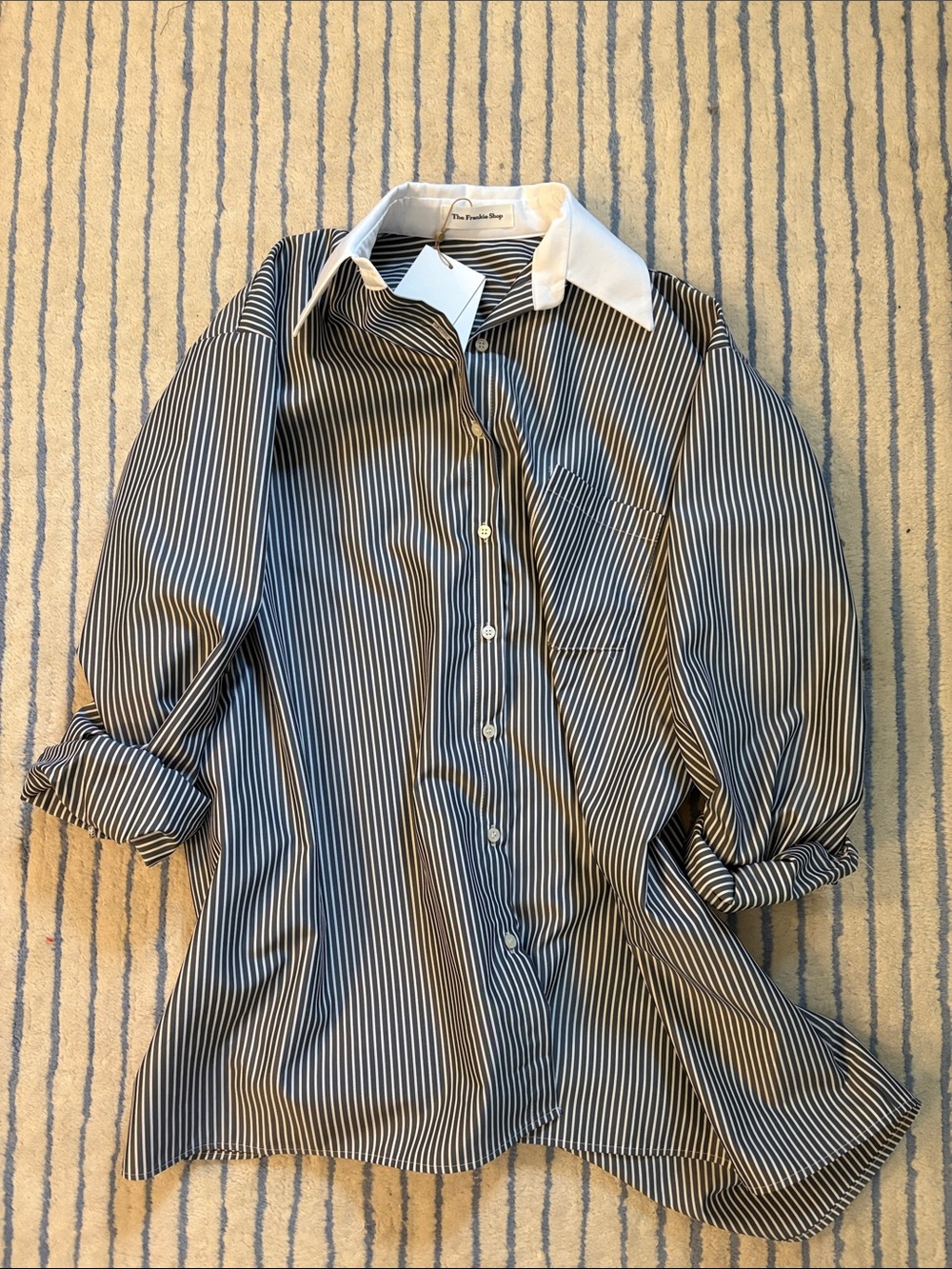 The Frankie Shop Navy and White Striped Contrast-Collar Shirt
